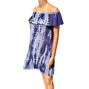 Exist Blue Tie Dye Mini Dress Sz S Ruffle Off-Shoulder Sundress Beachy‎ Boho Y2K